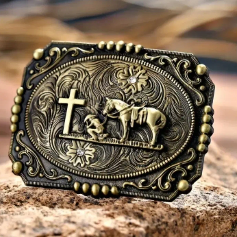 Western Praying Cowboy At The Cross With Horse Belt Buckle